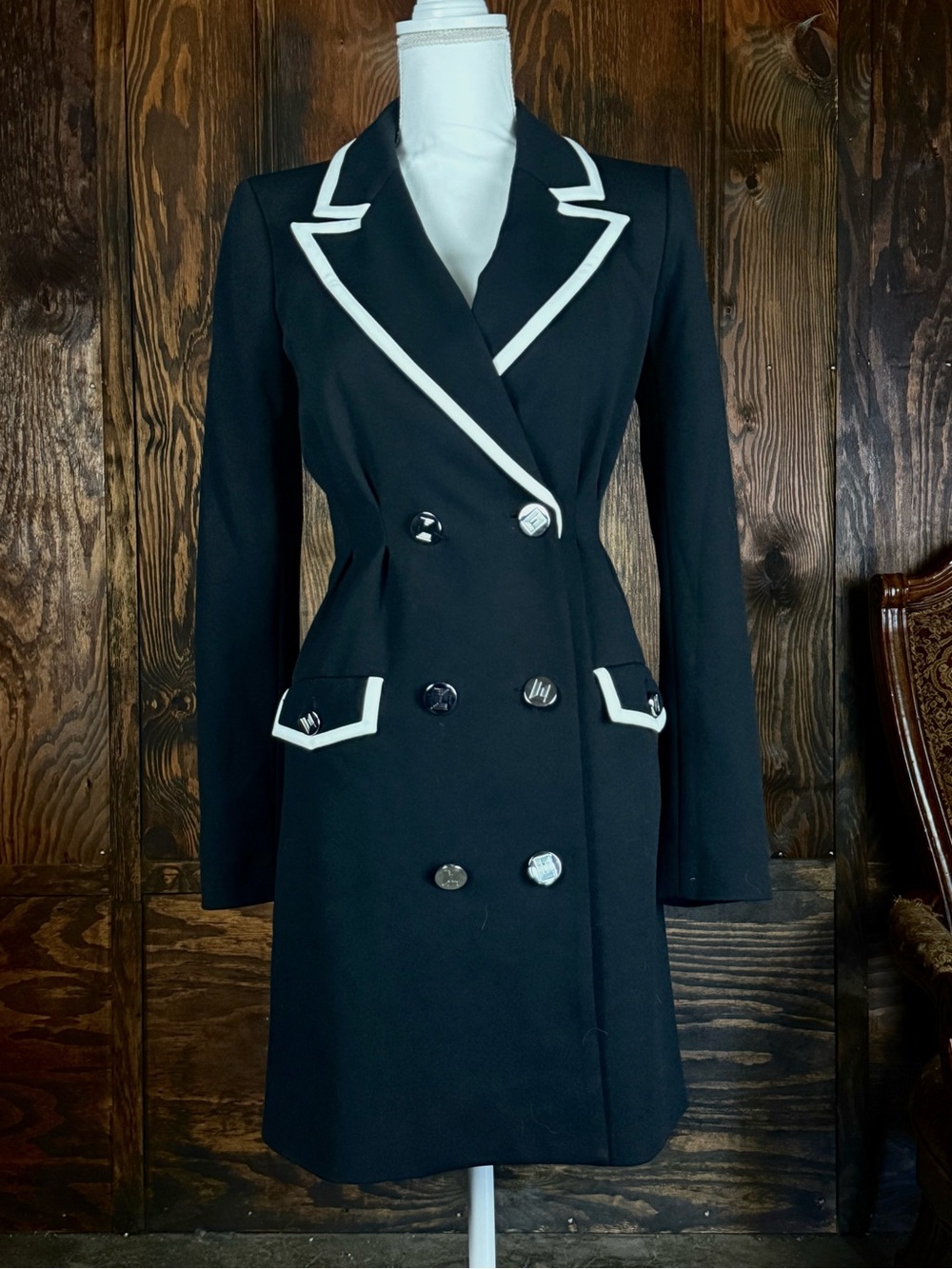 Karl Lagerfeld Black Trench Dress with White Trim